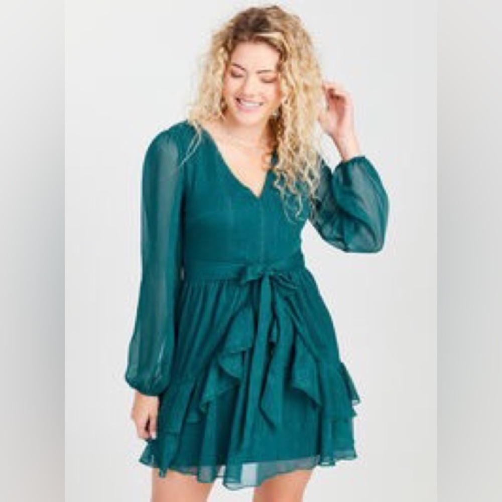 NWT Altar’d State Keelie Dress ruffle green metallic sparkle M